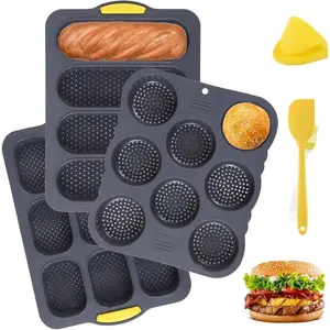 Set of 6 Hamburger Bun Pans for Baking, 4/8/9-Cup Hamburger Bun Mold, Silicone French Bread Baking Pan with Brush, Spatula, and Grab Glove, Nonstick Perforated Baking Pans, Dishwasher Microwave Safe