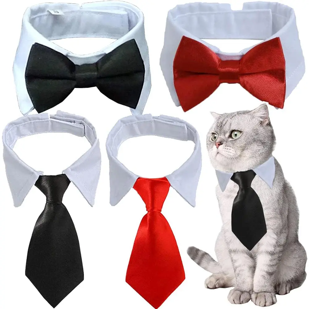 4 Pieces Pets Dog Cat Bowtie Pet Costume Adjustable Formal Necktie Collar for Cats Small Dogs Puppy Grooming Accessories (Black/Red) Yosbabe