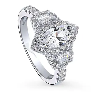 BERRICLE Sterling Silver 3-Stone Halo Art Deco Wedding Engagement Rings for Women, 1 Carat Marquise Cut Cubic Zirconia CZ Ring