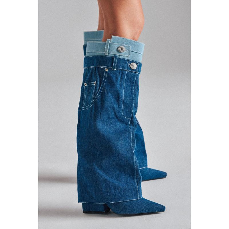 AZALEA WANG DOUBLE FLY DENIM CHUNKY BOOT