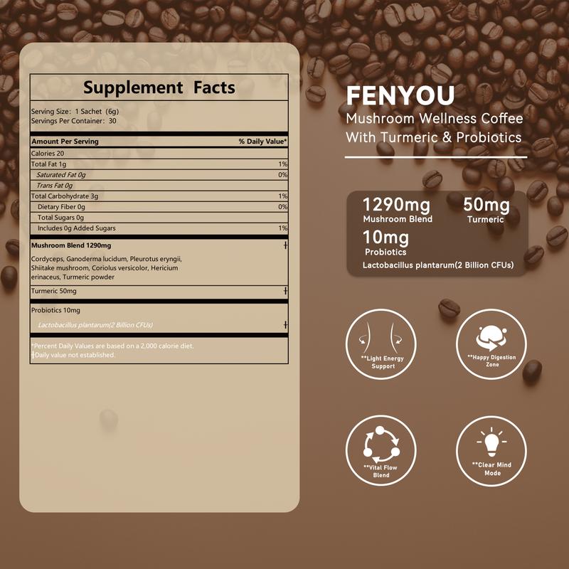 Mushroom Coffee with 6 Adaptogenic Mushrooms and 2 Billion CFUs Lactobacillus plantarum, USA Grown Instant Coffee for Better Energy, Focus, Digestion, Immunity with Cordyceps, Shiitake, Chaga , 30 Servings (180g/6.35oz)