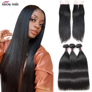 Ishow Straight Hair Bundles with Closure Transparent Lace Closure with Bundles Brazilian Human Hair Weave Bundles with Closure