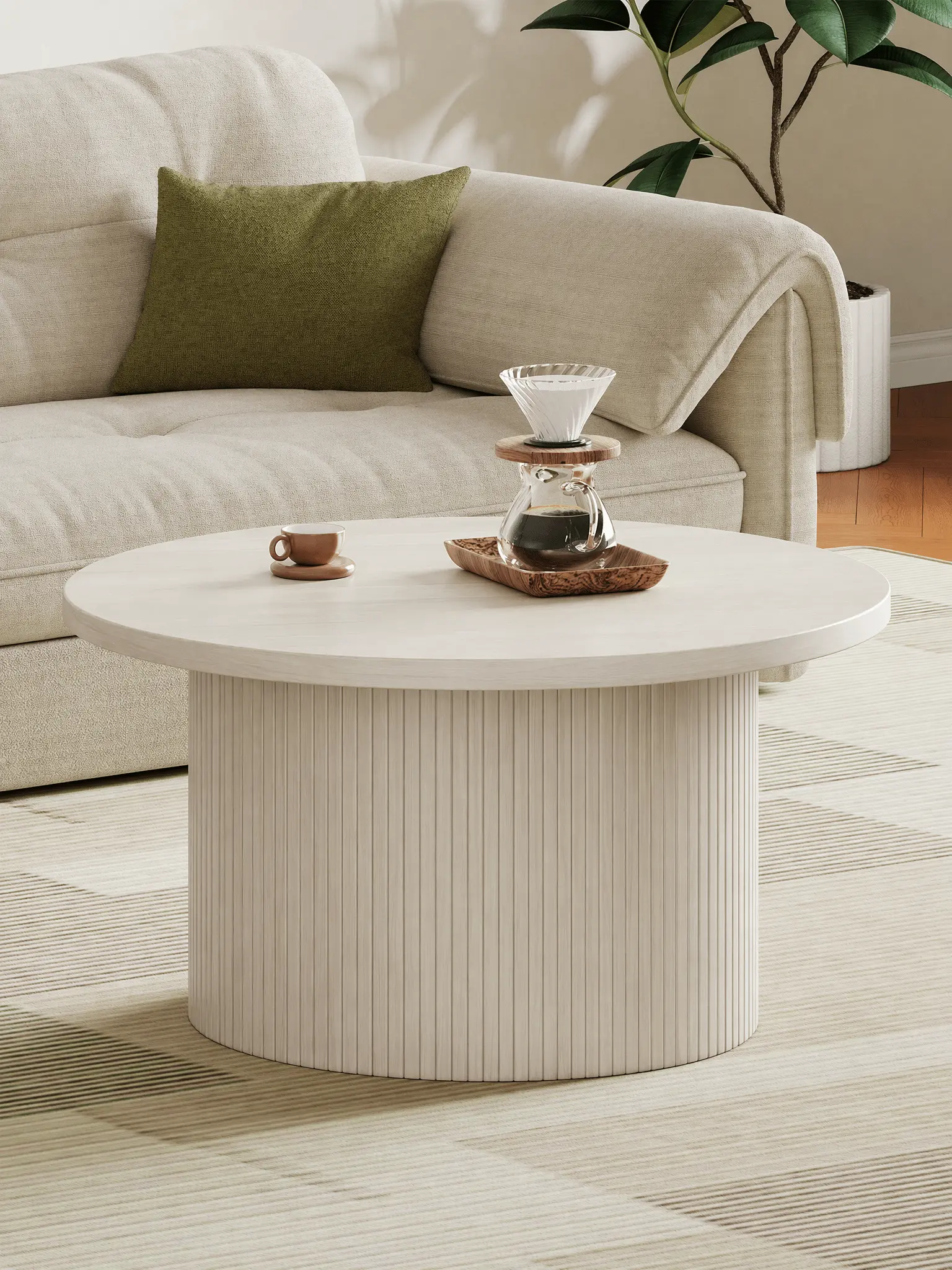 【SummerFinds】ONBRILL 31.5" Gorgeous Fluted Coffee Table, Round Mid Century Coffee Tables for Living Room, Cute Modern Wood Coffee Table, Drum Accent Small Center Table, Bedroom Furniture SummerFinds