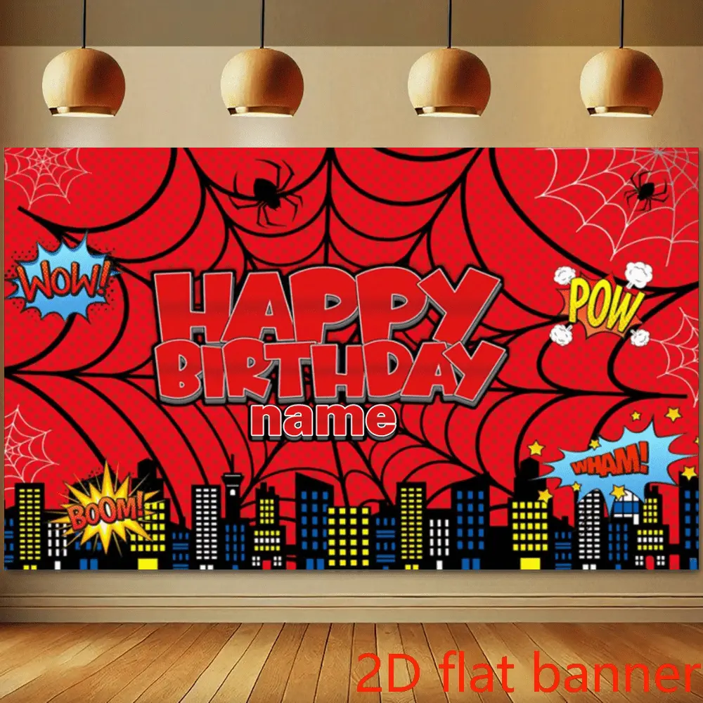 [Customized] 2D flat banner personalized birthday party backdrop, 1pc spider web and cityscape birthday backdrop banner - vibrant red spider design with "Happy Birthday" text, durable polyester material, perfect for indoor and outdoor photography studios,