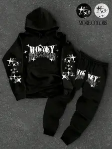 Unisex design, street sport style, spring and autumn fashion, simple and minimalist star and letter print long-sleeve hooded sweatshirt set, Track pants set, Simple, stylish, trendy, energetic, versatile, suitable for campus life, unique, co
