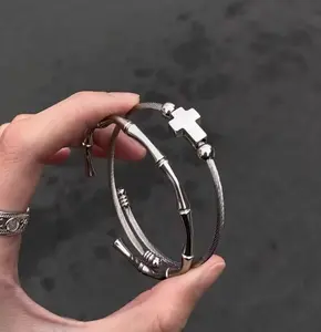 Niche Design Titanium Steel Cross Bracelet for Men and Women Trendy Bracelet Couple Bamboo Joint Bracelet Opening Adjustable Hand Jewelry