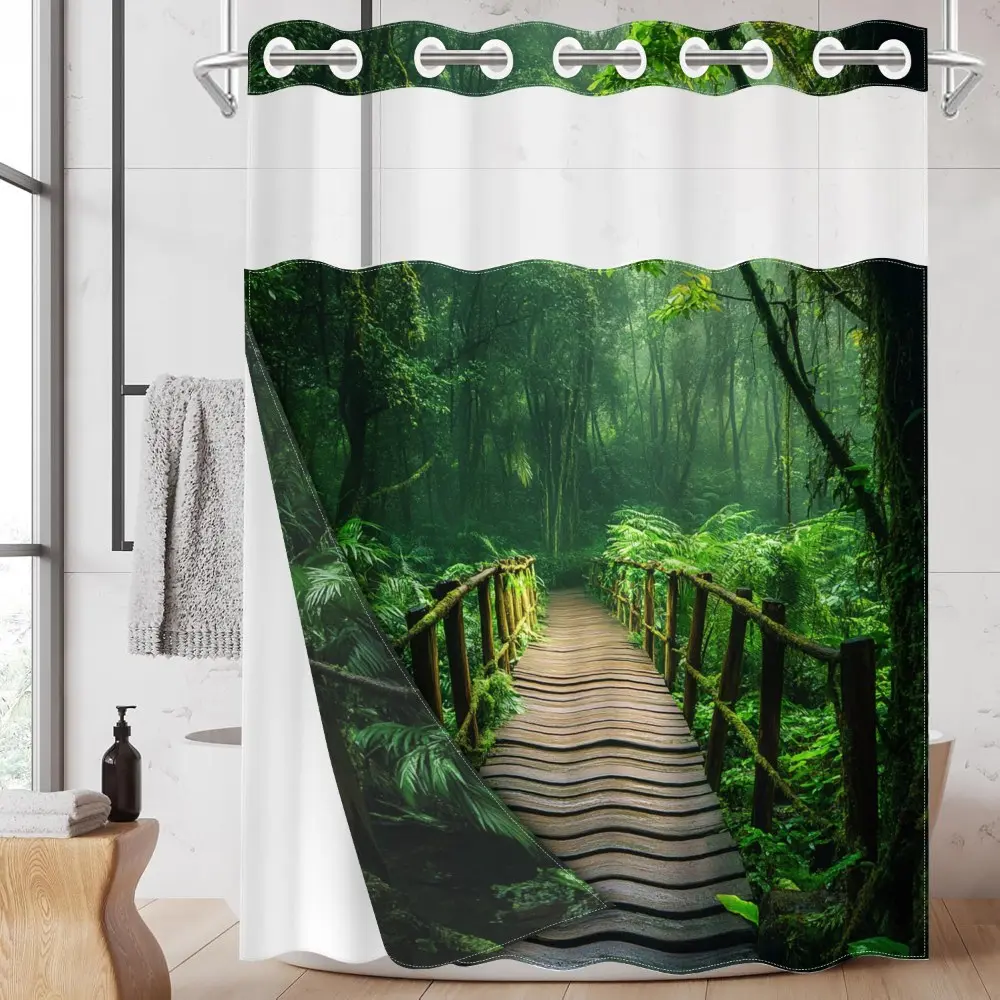 4PCS 2D Flat Printing Wooden Bridge in the Forest Leading to Seclusion Patterned shower curtain with 12 hooks, home bathroom decor, bathroom supplies, Restroom, non-slip bathroom rug, U-shaped toilet seat cover and mat