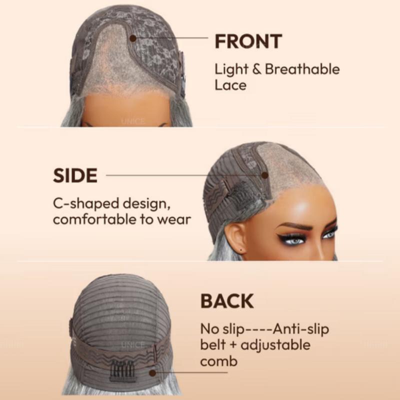 【Blowout Layered Bob】UNice Salt and Pepper Side Part Glueless Straight Bob Wig 6.5x1.5 Lace Closure Human Hair Wigs Silver Gray for Fashional Looking Beginners Friendly