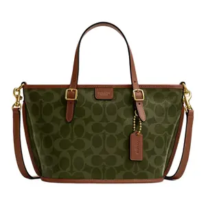 COACH TAXI 21 Small Tote Bag with Gold Hardware and Full Print for Women in Olive Green and Mink Brown Pu Tote Satchel Leather Bags