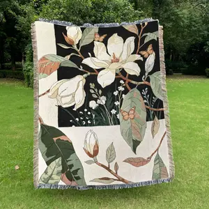 Blooming Magnolia Pattern Bohemian Fringe Multi-Functional Bed Blanket, Tapestry, Camping Blanket, Small Throw — Yarn Knitted, Thick and Breathable, Non-Print, Fade-Resistant, Pilling-Free, for Home, Office, Travel, Outdoor Camping, and Picnics