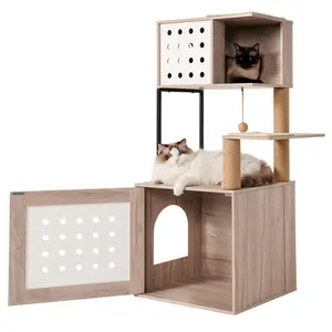 Modern Cat Tree with Litter Box Enclosure, Gray and White Space Saving Cat Tower Furniture, 21.65 x 16.93 x 47.24 in Vertical Rectangular Design, Particleboard and Metal Frame, Hammock Bed Feeding Station Scratching Posts