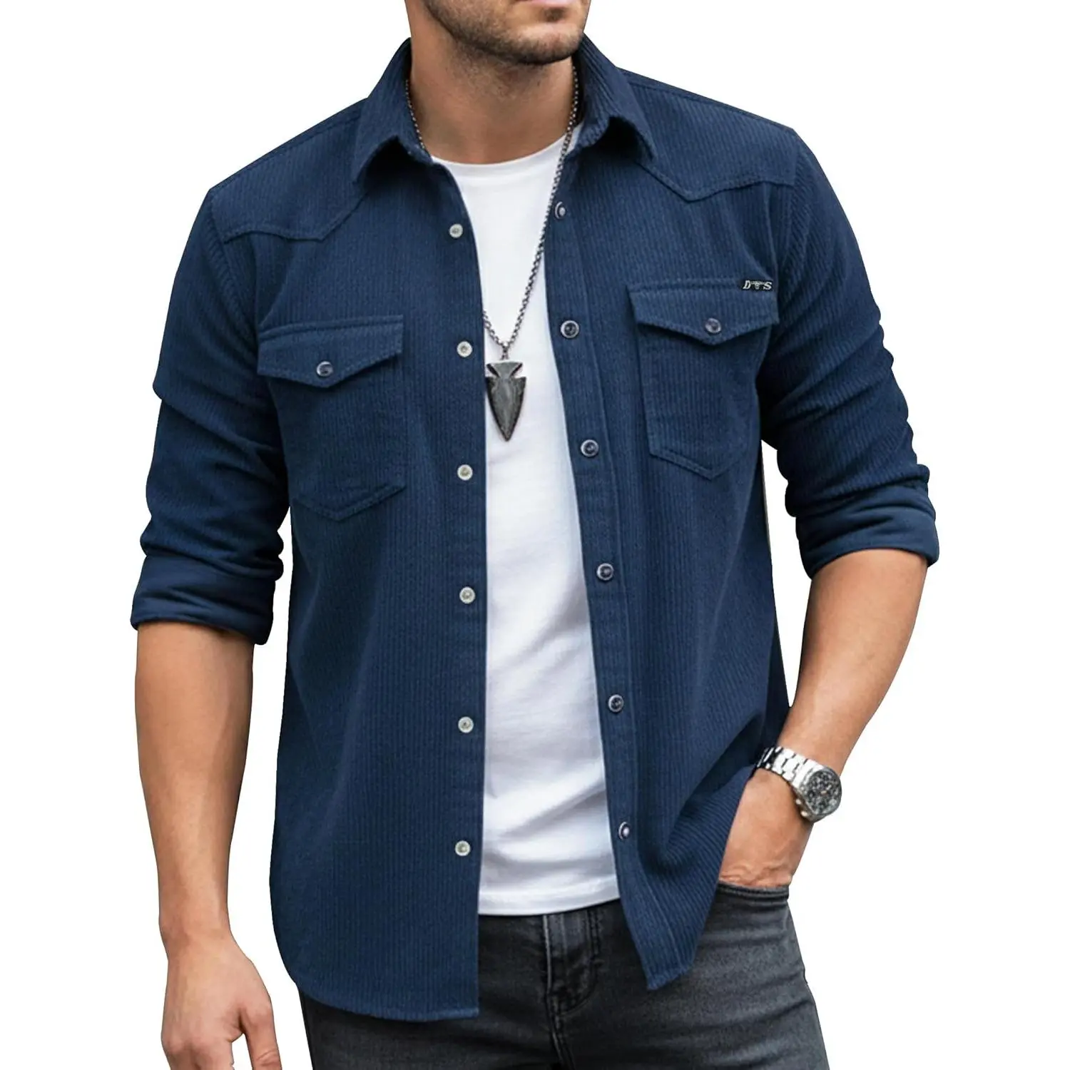 Men's Soft Plain Corduroy Snap Button-Down Shacket - Western Long-Sleeve Warmer Overshirt with Flap Pockets, Casual Hole Design, Lightweight Jacket