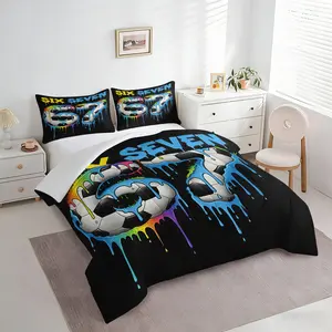 2/3pcs Cool Soccer Graffiti 67 Comforter Set, Soft Quilt, Sporty Bedding Set with Pillowcases, Great Gift for Boys Girls Kids, Teen Soccer Fans Bedroom
