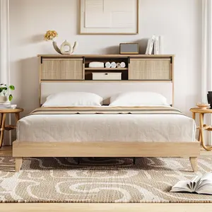 King Size Rattan Bed Frame, Boho King Bed with Shelf Headboard and Sliding Door, King Size Bed Frame