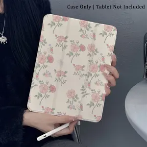 Soft pink rose floral pattern, with adjustable stand and pen slot, foldable non-slip TPU protective case, suitable for Samsung, iPad mini, iPad Air, iPad Pro/iPad 10th generation, 11th generation, and other iPad series protective cases.