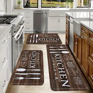 3pcs Flannel Tableware Print Rugs Set, Brown Wood Grain Kitchen Mat, Non-Slip Soft Floor Carpet for Home Decor, Spring Summer Holiday Decoration, Cozy Living Room Bedroom Bathroom Door Mat kitchen carpet