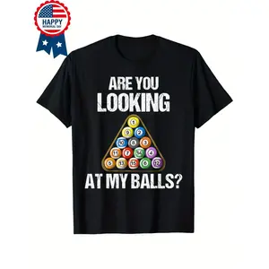 Men's Funny Billiards Graphic T-Shirt - "Are You Looking at My Balls?" Pool Game Humor, Black Cotton Tee for Joke Lovers, Casual & Comfortable Fit