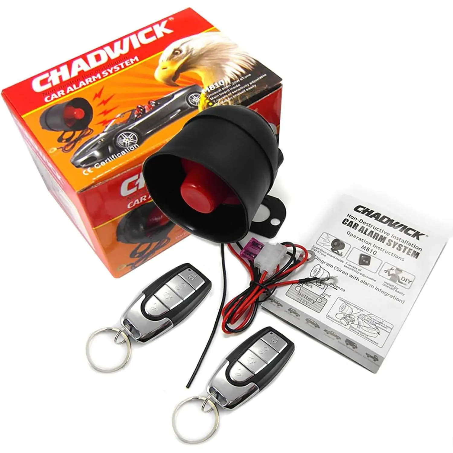 12V Universal Car Horn Siren Anti-Theft Alarm System (CW-8115) - Car Accessories, 2 Remote Controls, 7-Level Sensitivity, Non-Destructive Installation, Universal 12V Car