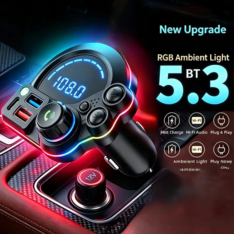 Bluetooth 5.3 Car FM Transmitter,  Max Super Fast Car Charger Adapter with Red Starry Night Light, PD 20W & USB-A 100W Ports, HD Hands-Free Calling, Deep Bass Boost & RGB Ambient Light, Fits 12V-24V Vehicles