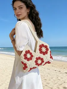 2026 New Granny Stripe Flower Crochet Tote Bag, Handmade Crochet Shoulder Bag, Bohemian Underarm Bag, Vintage Floral Beach Bag