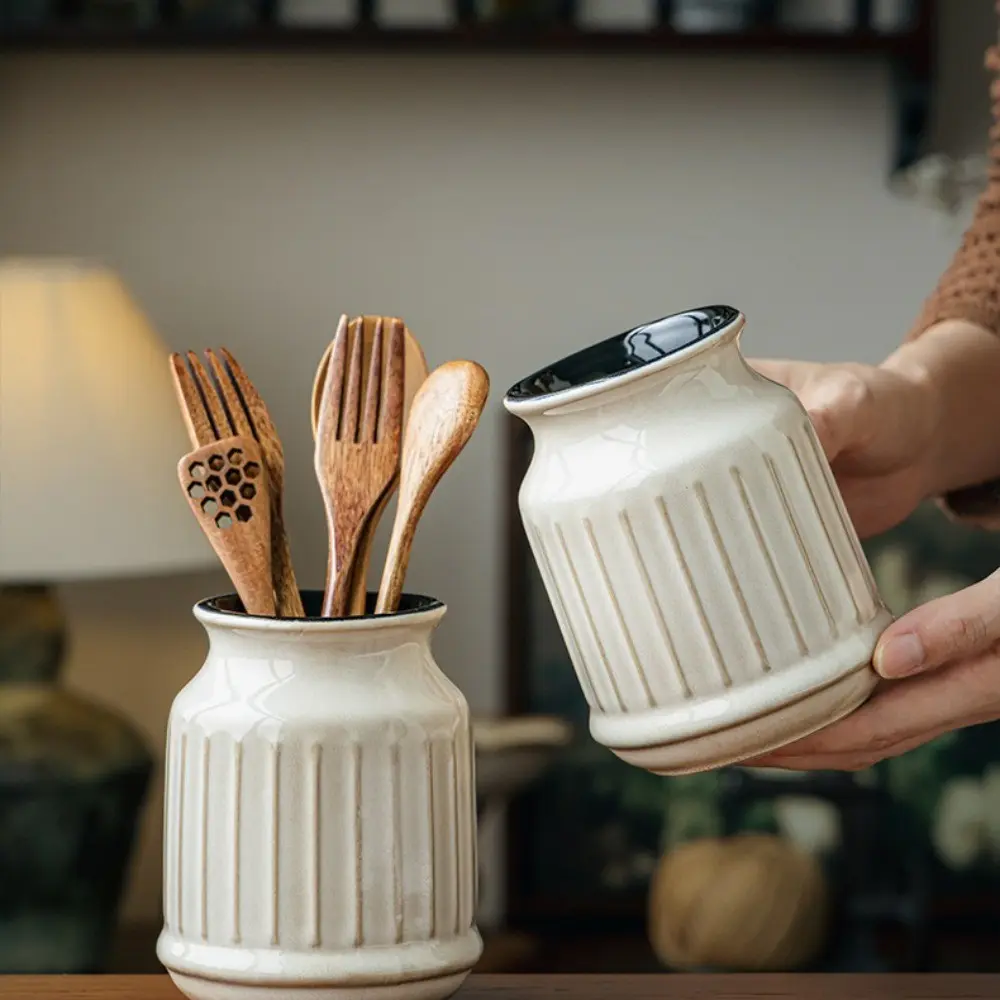 Ceramic Storage Jar Canister, Straight Cylinder Flared Mouth Design, Kitchen Utensils Holder, Chopsticks Forks Pen Organizer, Multifunctional Home Decor Container