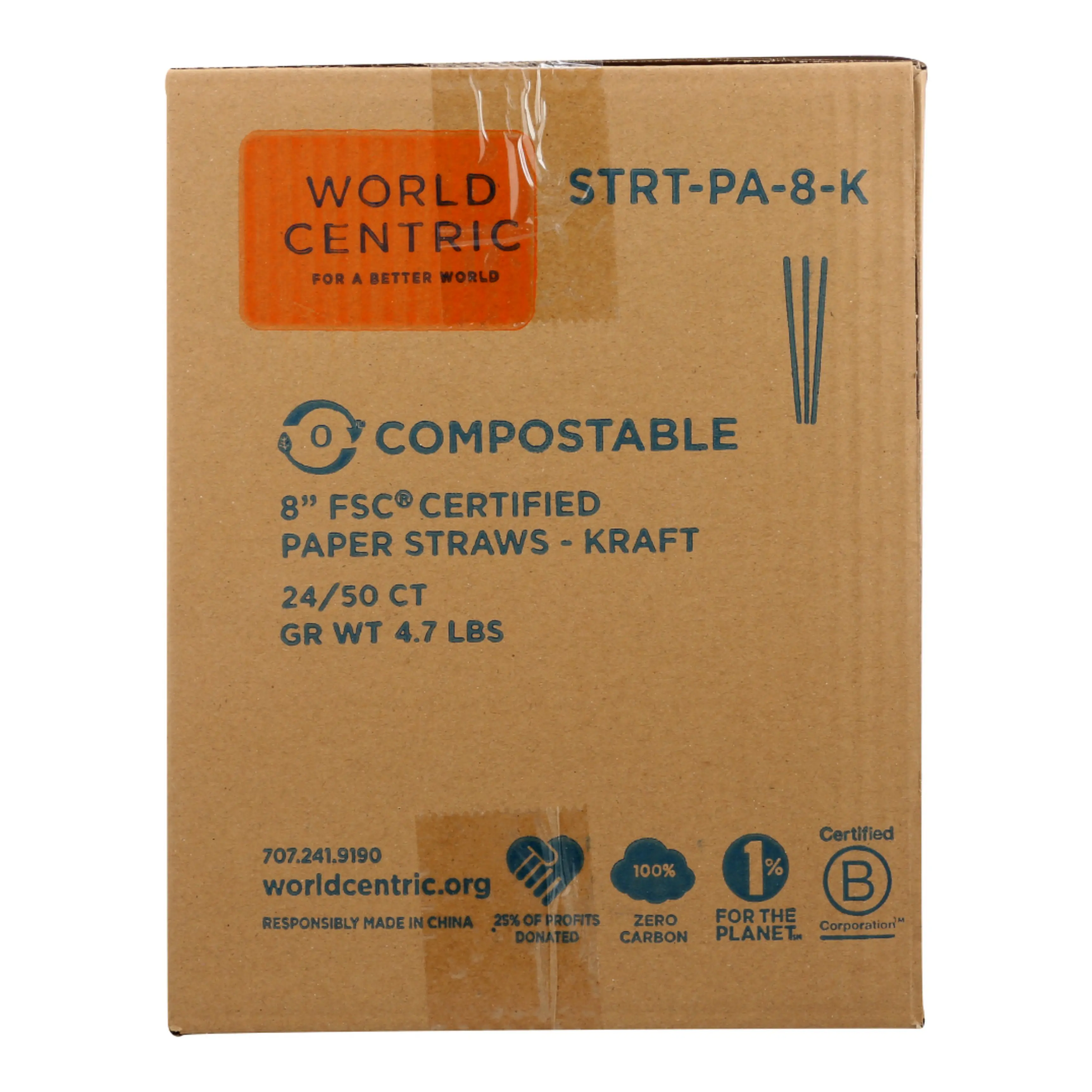 50 Pack Compostable Paper Straws 8 Inch Kraft FSC Certified Eco Friendly Disposable Drinking Straws for Parties, Restaurants, Cafes & Cold Beverages