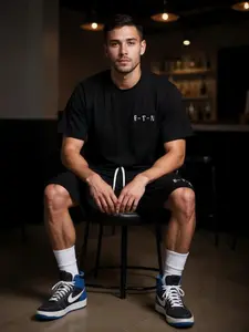 ETN Mens Black Summer Set - Fitted T-Shirt & Above-Knee Shorts - 100% Premium Cotton Crew Neck Comfortable Stylish with Pockets & Zipper - Casual Minimalist Design - Menswear