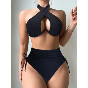 Cross backless bikini |       Side High Slit Ruffle Swimsuit