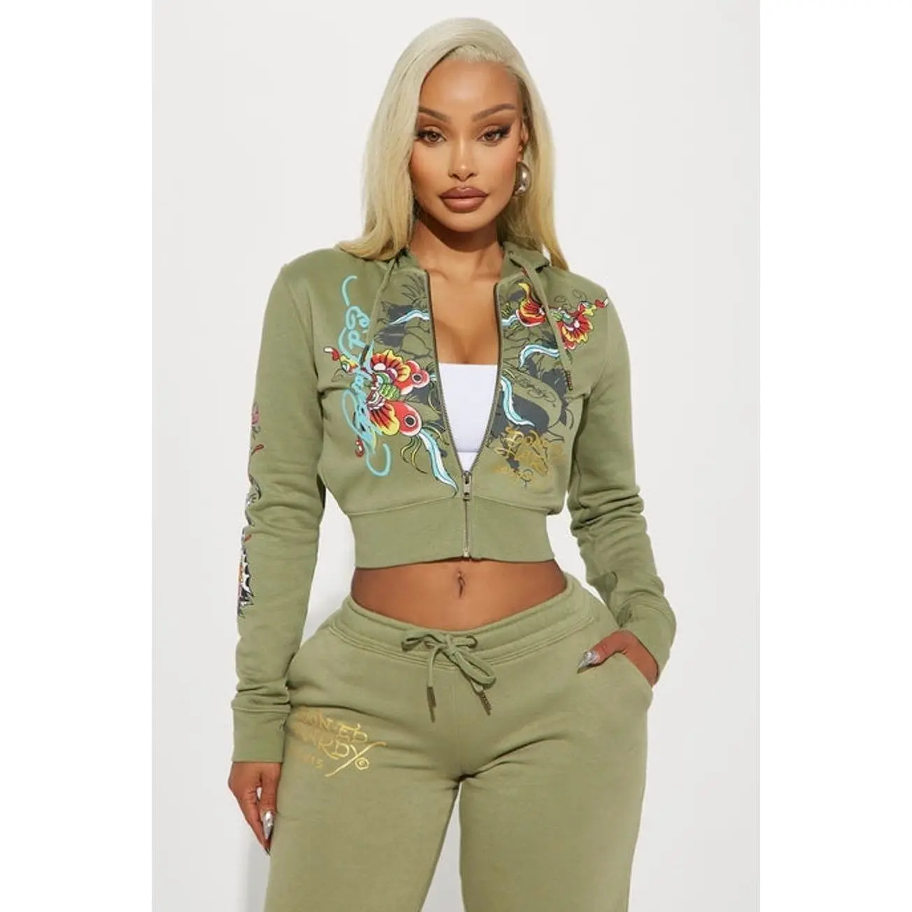 Ed Hardy Butterfly Zip Front Hoodie - Sage L