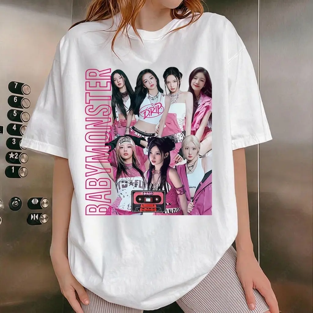 Unisex Streetwear Graphic Tops - 100% Cotton Fabric, BabyMonster World Tour Print, Soft Lightweight Loose Short Sleeve Round Neck KPOP Fan Casual Tee, Style, Graphic Art, Aesthetic, Baggy, Oversized, Essential, T-Shirt, Casual Wear, Everyday, Comfortable,