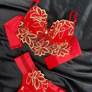 Emily Set - Brazilian Lingerie with Red Floral Embroidery and Gold Accents for Women