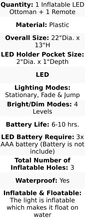 22" Color Changing LED Light Up Inflatable Pouf Ottoman, Waterproof Illuminated Remote Battery Operated Furniture