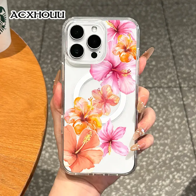 Girly Magnetic Smartphone Case for iPhone 11/12/13/14/15/16/17 Pro Max, Hibiscus Blooms MagSafe Ready, Slim Fit, Drop-Proof Protection for Handheld Cellphone Devices, Soft Girl Aesthetic, Casing
