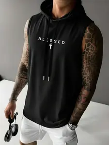 Men's Summer Casual Hooded Sleeveless T-Shirt, Blessed Letter Print, Comfortable Fabric, Christian Culture, Sports Fitness Outdoor Running Vest, Yoga Sports Vest, Fitness Sports Tank, Sleeveless Sports Tops