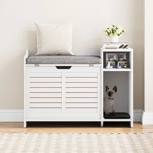 Large Wooden Cat Litter Box Enclosure with Flip-Top Opening - Hidden Storage Shelf, Litter Mat, Cushion, and Pad - Covered Cat Washroom Furniture for Indoor and Heavy Cats