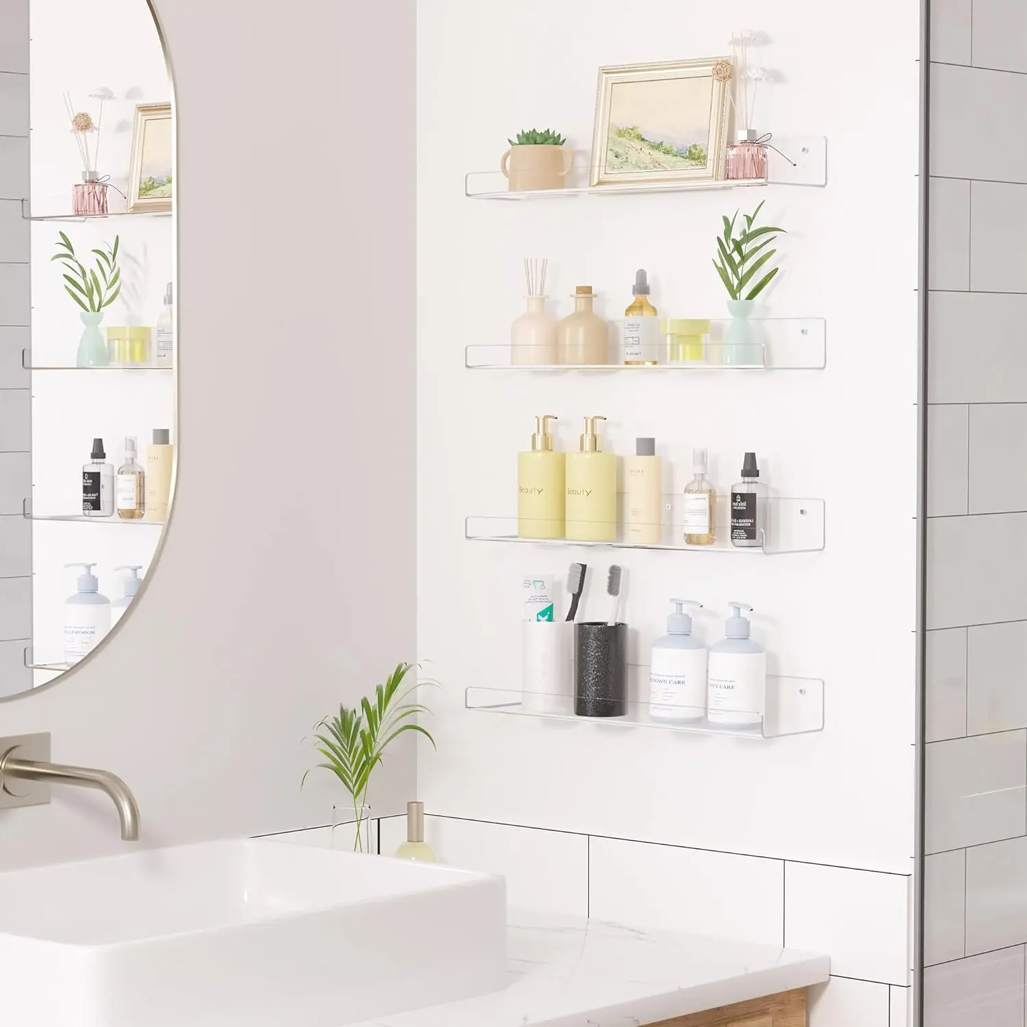 Acrylic 6 Pack Floating Shelves - 15" Wall Storage Racks for Bathroom, Bedroom, Living Room, Kitchen, Room Decor, Clear Design Plastic Set