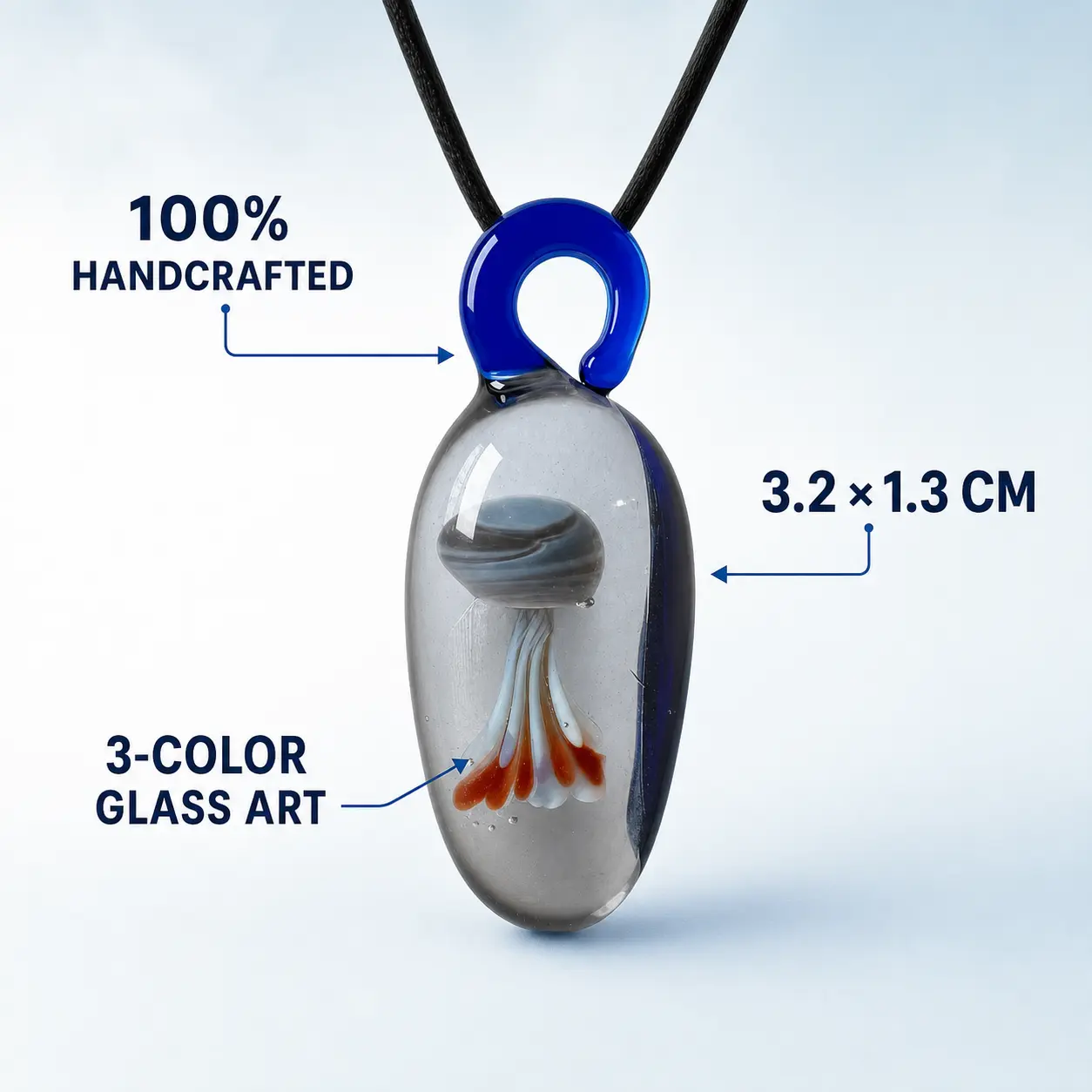 Hand-Blown Glass Jellyfish Pendant Necklace with a Blue Base – Ocean-Inspired Artisan Jewelry, One-of-a-Kind Unisex Gift for Sea Lovers