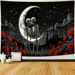 The Lovers Skull Tapestry Gothic Black and White Romantic Constellation Skeleton Tapestry Floral Psychedelic Wall Hanging Headboard Tapestry for Bedroom Living Room Home Decor (51.2" x 59.1")