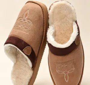 Cowboy Boot Slippers for Men WesternHouse Slippers Indoor & Outdoor Square ToeChestnut Soft Faux Fur Lining Durable CottonFabric Flat Footwear
