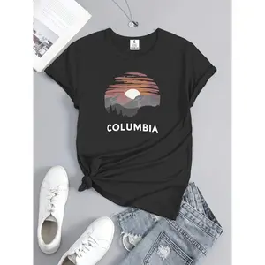 Women's Black Cotton Graphic Print Columbia Sunset Round Neck Short Sleeve T-Shirt, 180g Lightweight Casual Summer Tee, Outdoor Mountain Design
