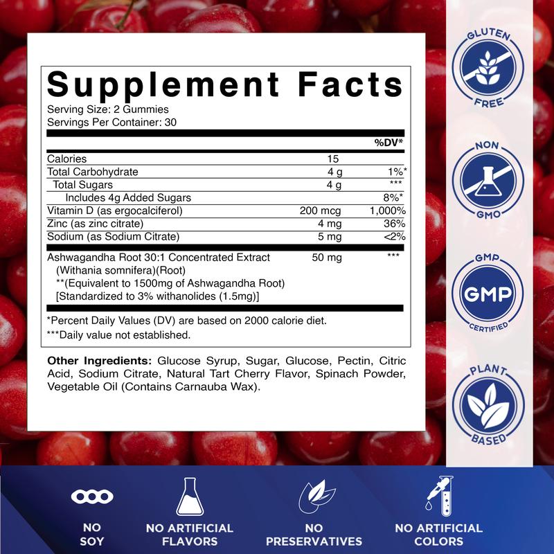 Vitamatic Ashwagandha Gummies 1500 mg Equivalent Per Serving 60 Vegan Gummies 3% Withanolides Natural Tart Cherry Flavor Dietary Supplement for Healthcare and Fitness