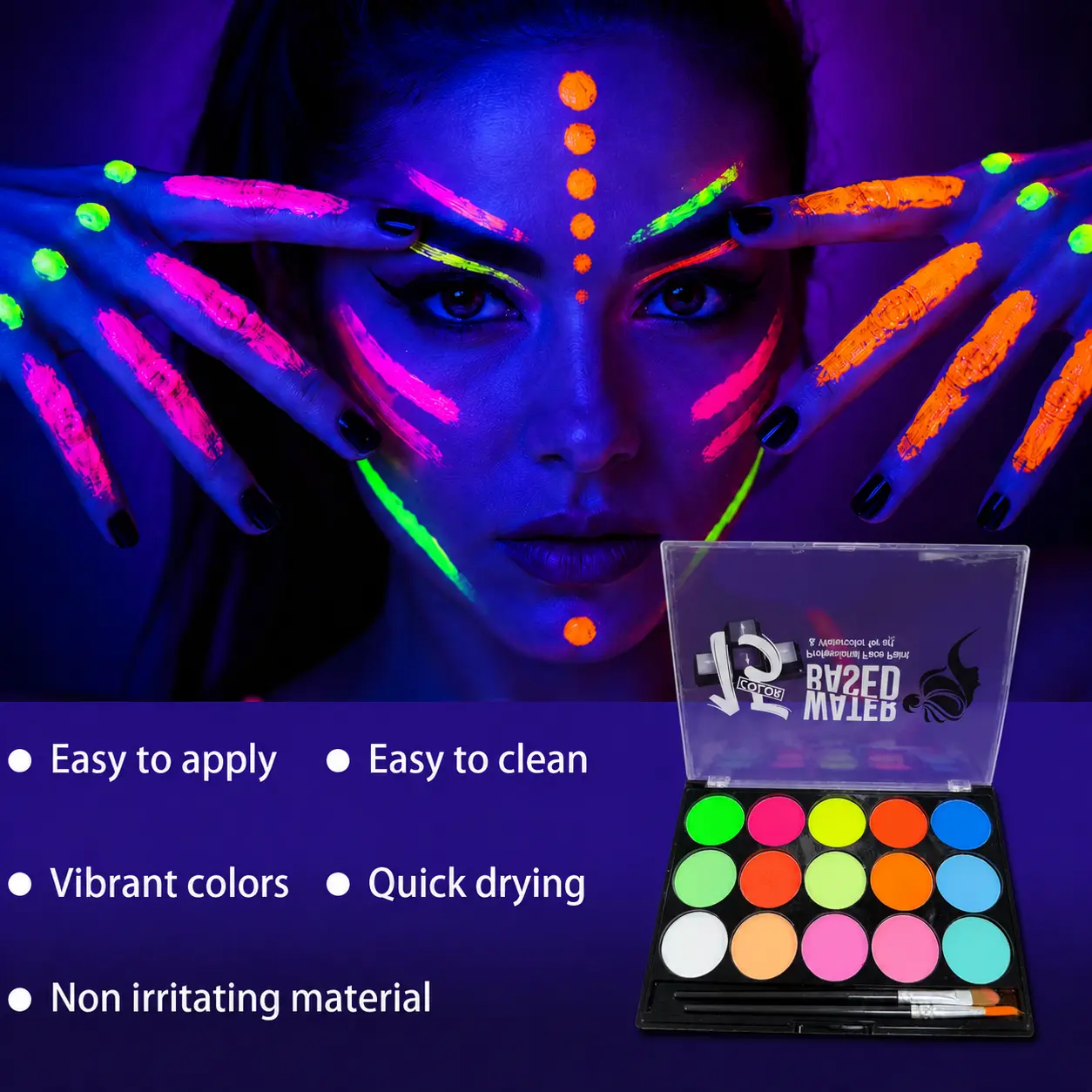 15-Color Neon UV Glow-in-the-Dark Face & Body Paint Set - Blacklight-Reactive, Water-Activated, Washable Formula for Themed Parties, Halloween (DIY Painting Supplies)