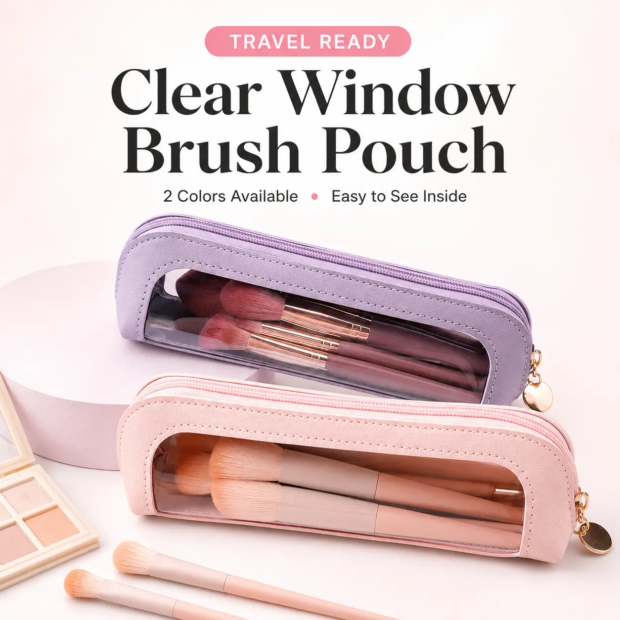 Portable Makeup Brush & Cosmetic Bag, Clear Window Zipper Pouch for Travel, Stationery & Daily Storage, Trendy Girls' Essential Organizer