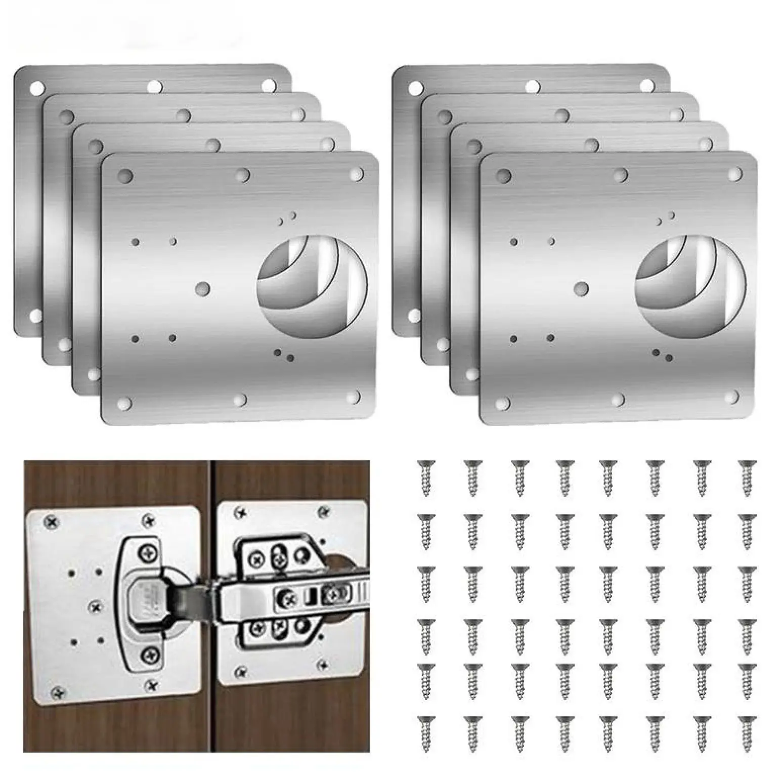 8Counts Cabinet Hinge Repair Plate with Screws,Hinges Repair Fixing Plates,Stainless Steel Hinge Repair Board,Kitchen Cupboard Door Hinge Repair Brackets Kit.