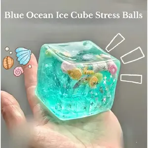 Summer Vibes Jelly Squishy Cube, Transparent Glitter Stress Ball, Slow Rising Fidget Toy for Anxiety & Summer Fun   Cute Ocean Sensory Toy for Kids Adults, Non-Toxic Soft Squeeze Toy, Summer Essentials for Travel Beach Office