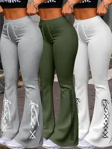Women's Casual Fashion Long Pants Trouser Set, Unique Print Flared Hem Yoga Jogger Pants, Adjustable Drawstring Waist Design, All-Season Wear, Womenswear