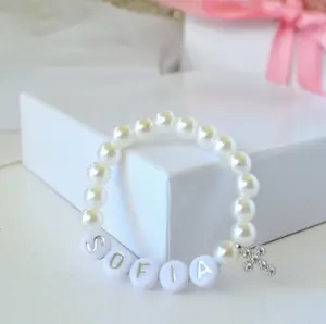 Silver Rhinestone Pearl Cross Baby Bracelet – Personalized Baby and Girls Name Bracelet, Baptism, Christening and Baby Shower Gift