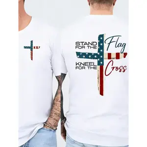 Cotton Cute Shirts Patriotic Christian Faith T-Shirt, Stand For The Flag, Kneel For The Cross Religious Shirt, Cross Design Men's T-Shirt Showing American Pride, Conservative Christian Cotton Clothing Easter Gifts