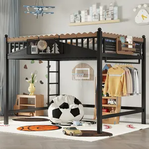 Queen /Full/Twin XL Size Loft Bed with Ladders, Metal Loft Bed with Storage Shelves and Bookshelf, No Box Spring Needed and Chic Design, Black