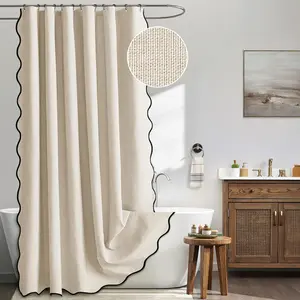 Beige Scalloped Shower Curtain Linen Textured with 12 Metal Hooks Cute Heavy Duty Washable Waterproof Neutral Thick Cloth Shower Curtains with Black Border